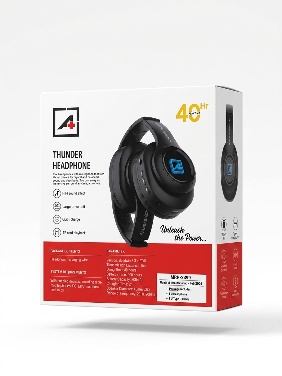 AccessoriePlus Thunder Bluetooth Headphone | 40Hr Battery | HiFi Bass | Type-C Fast Charge