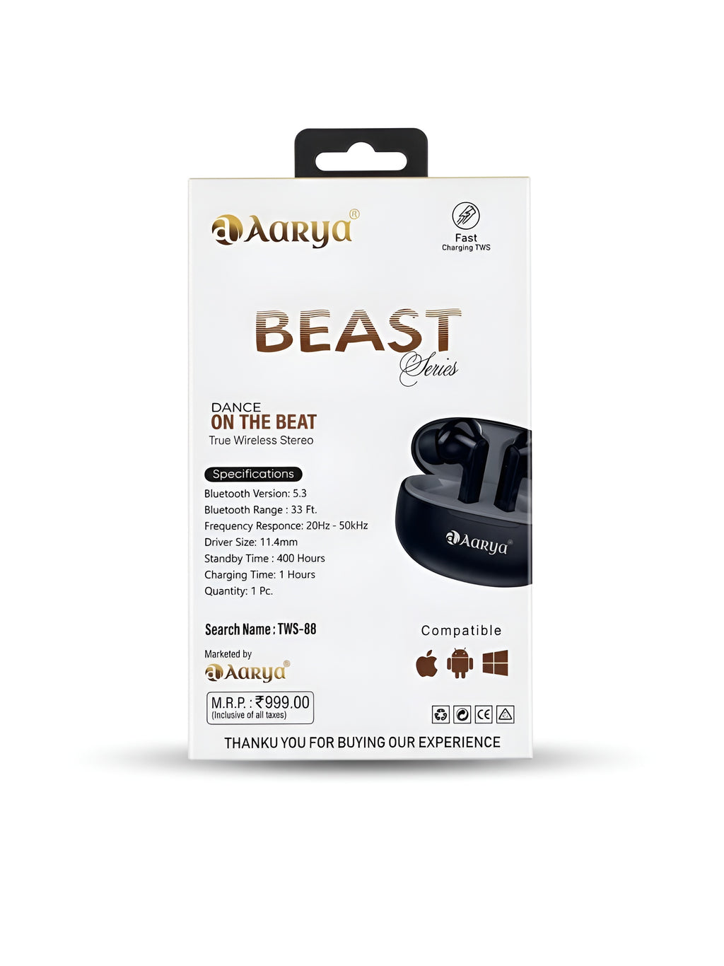Aarya Beast Series TWS-88 | 400Hrs Standby | Fast Charging | Bluetooth 5.3