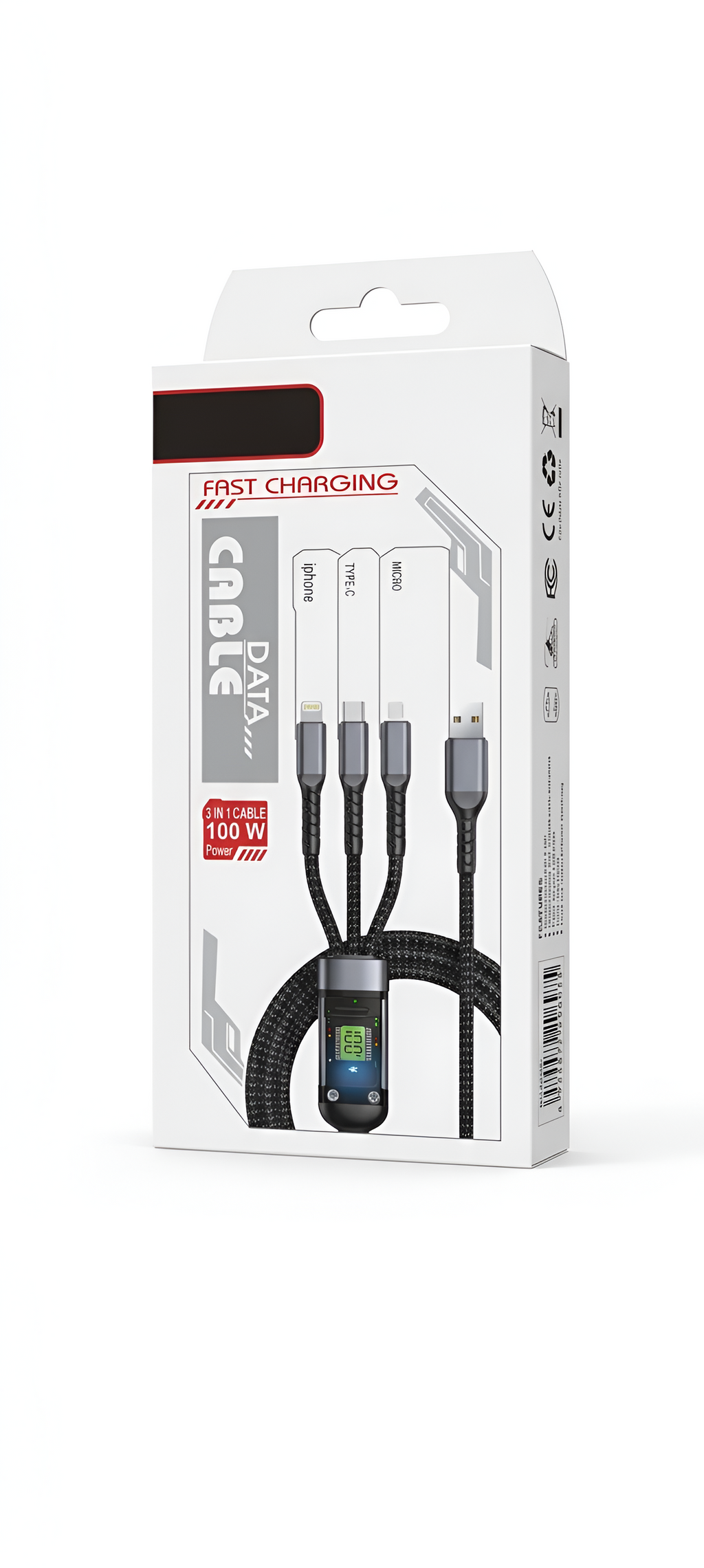 100W 3-in-1 Fast Charging Data Cable with LED Display