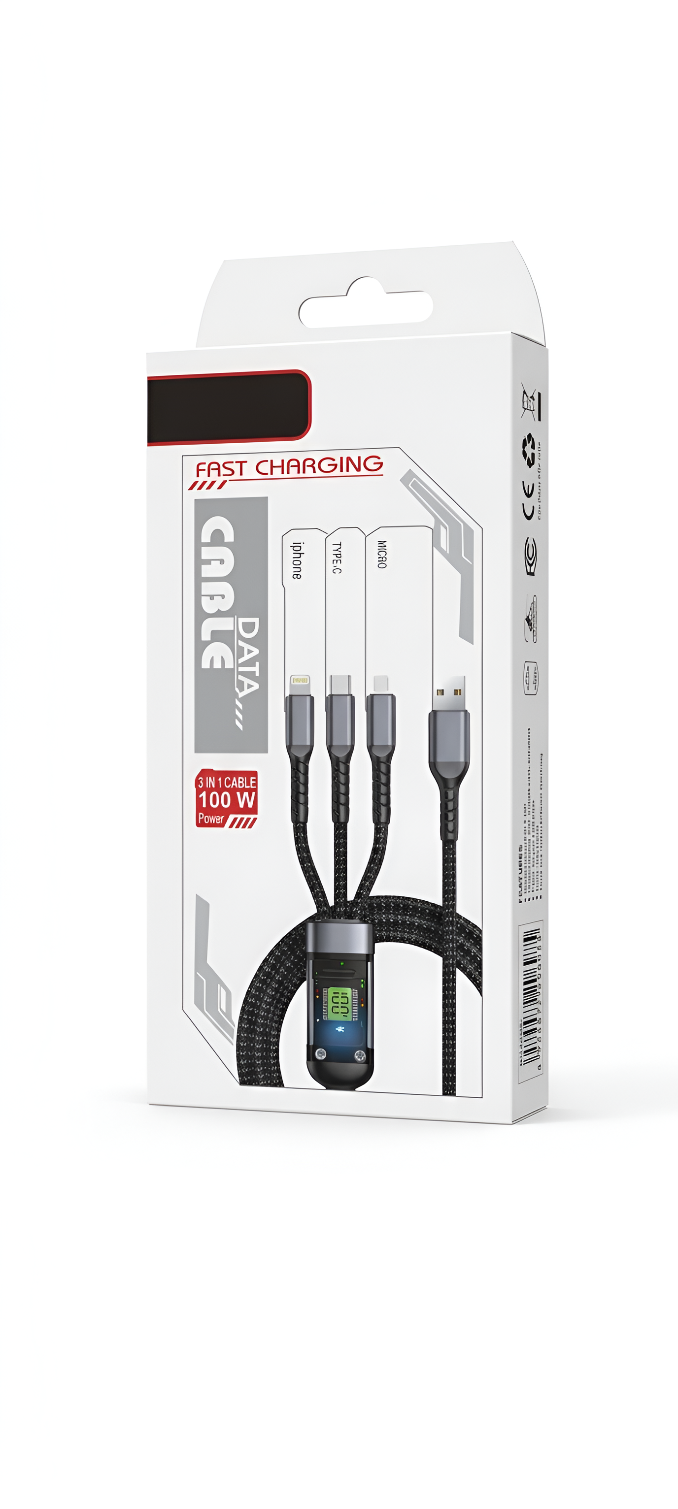 100W 3-in-1 Fast Charging Data Cable with LED Display