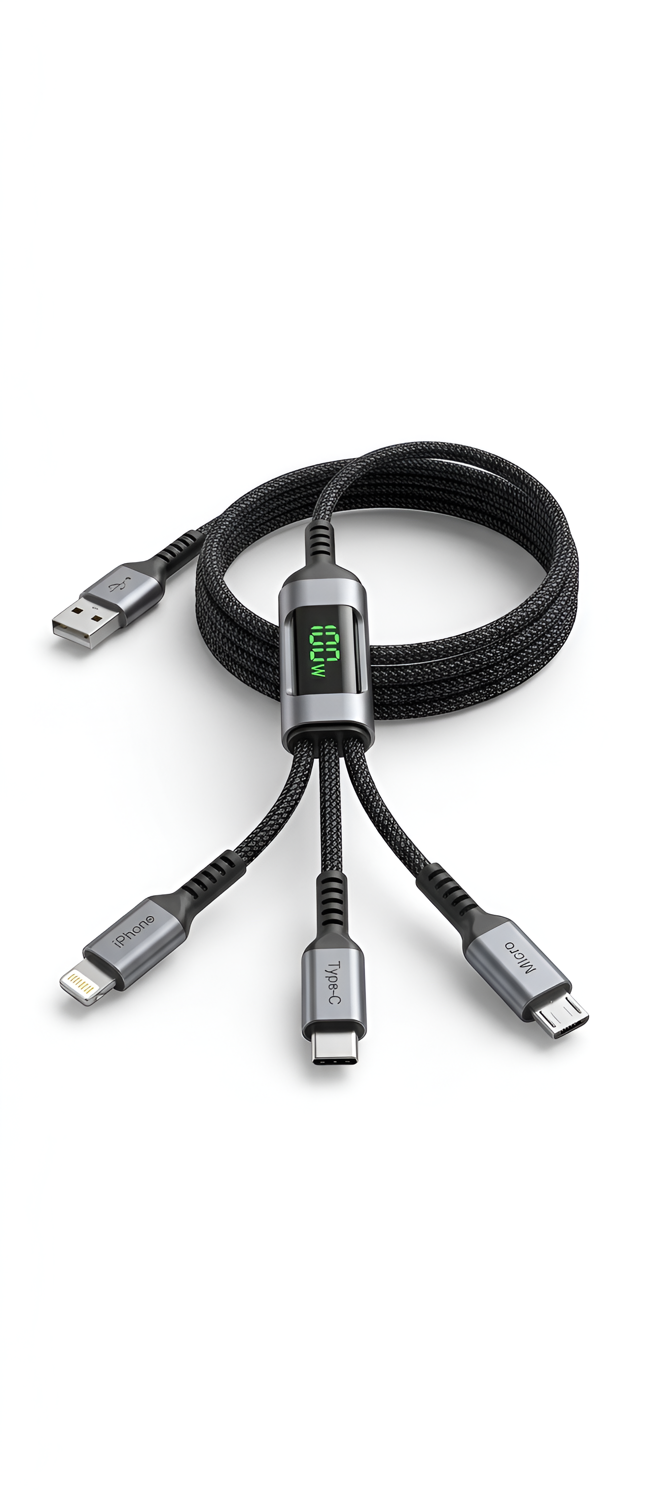 100W 3-in-1 Fast Charging Data Cable with LED Display