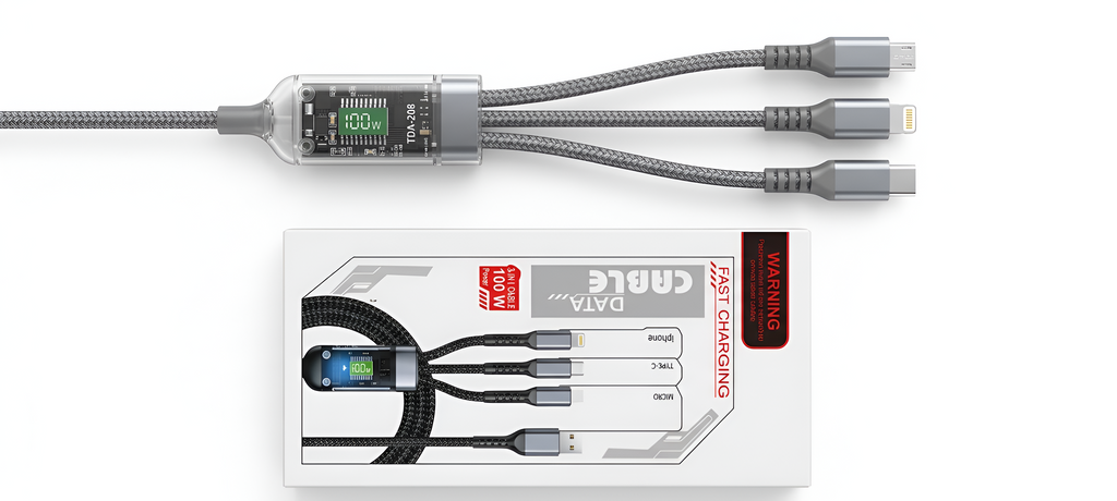 100W 3-in-1 Fast Charging Data Cable with LED Display